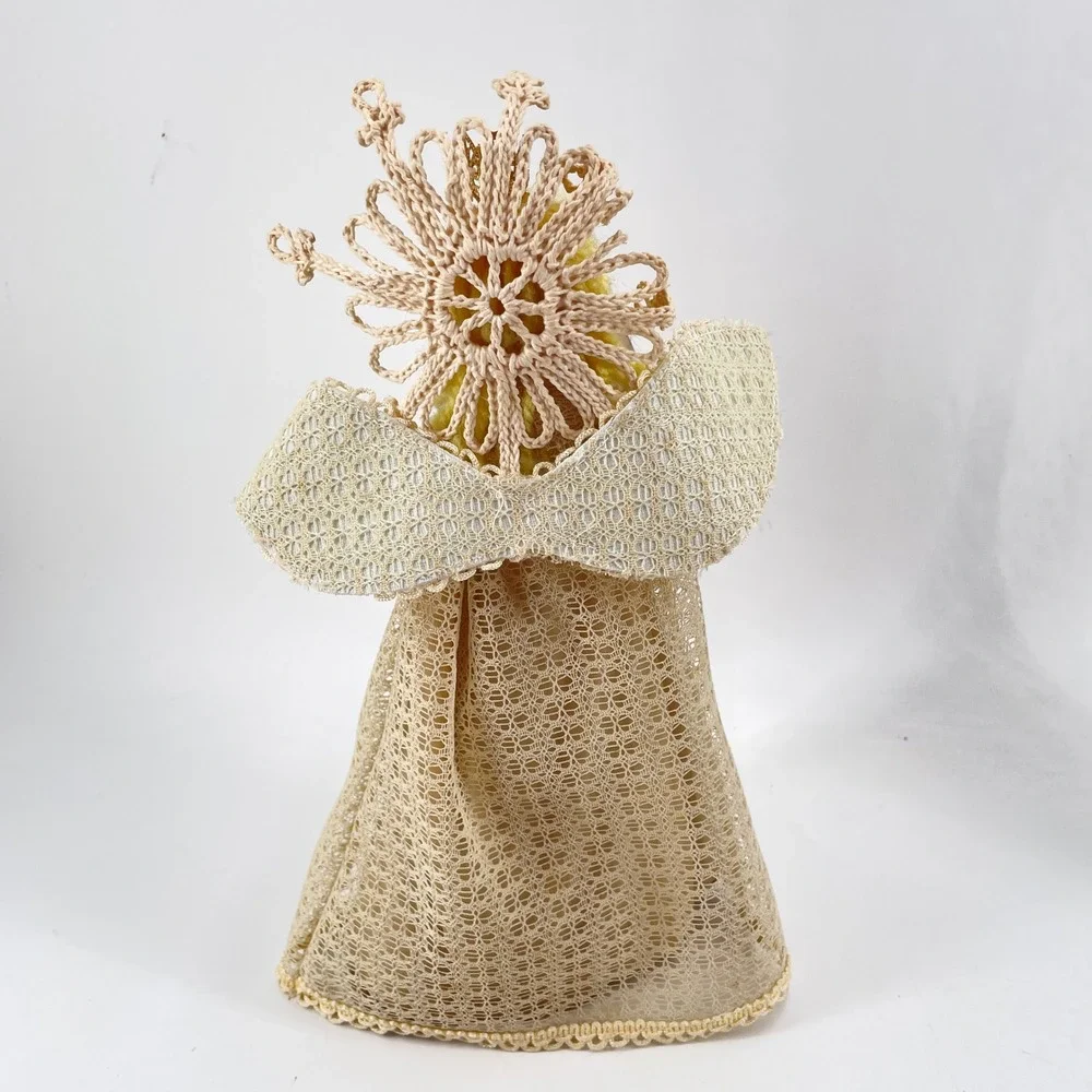 Vintage Angel Christmas Decor Set Lace Sisal Straw Figures Wooden Ornaments 6pc